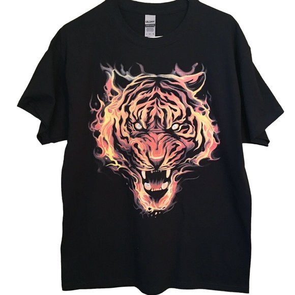 T Shirt Flaming Tiger Head Snarling Flame Face Unisex Standard Large NEW NWOT - Picture 1 of 1